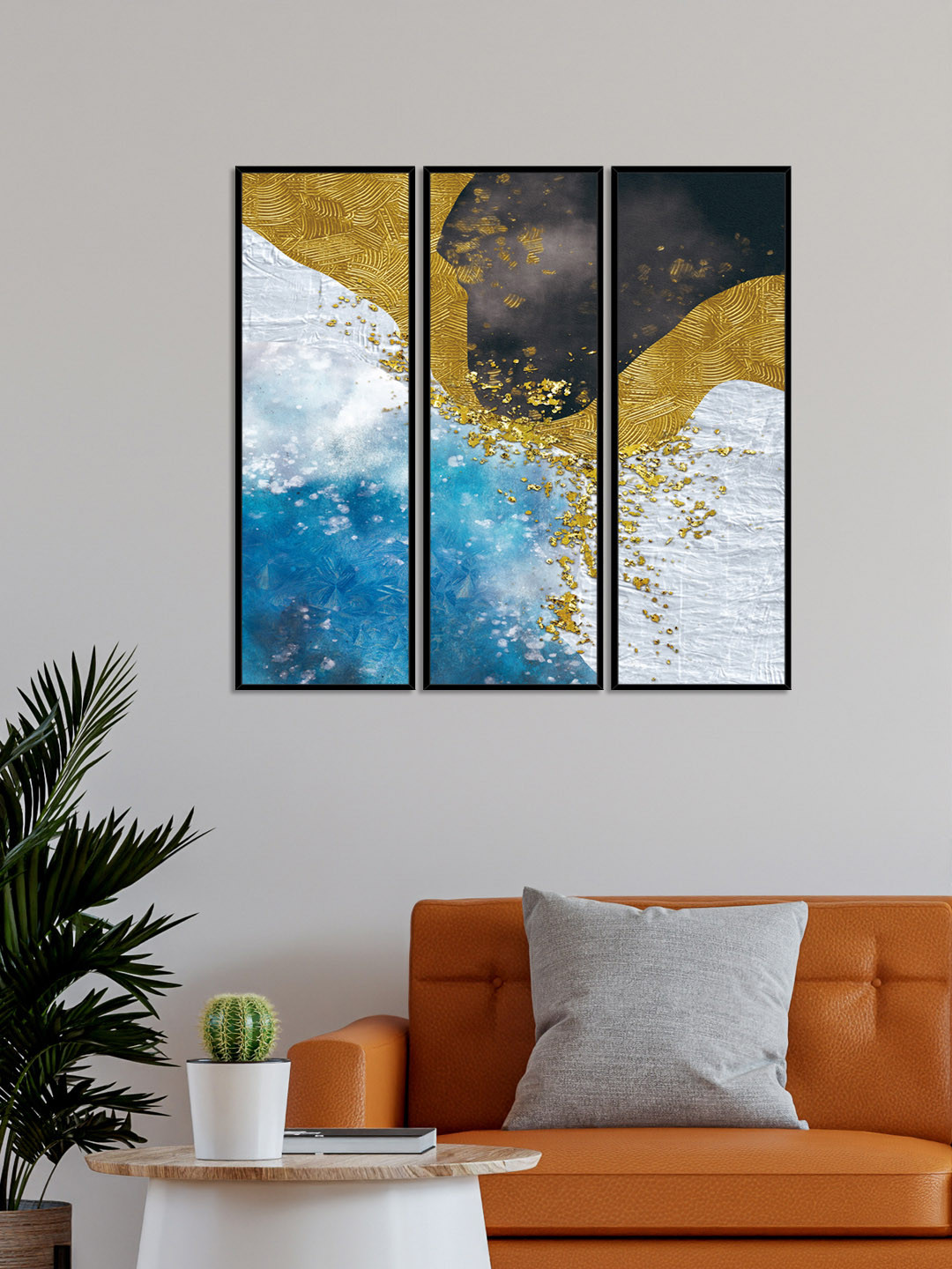999Store Set Of 3 Blue & Gold Abstract Painting Framed Wall Art