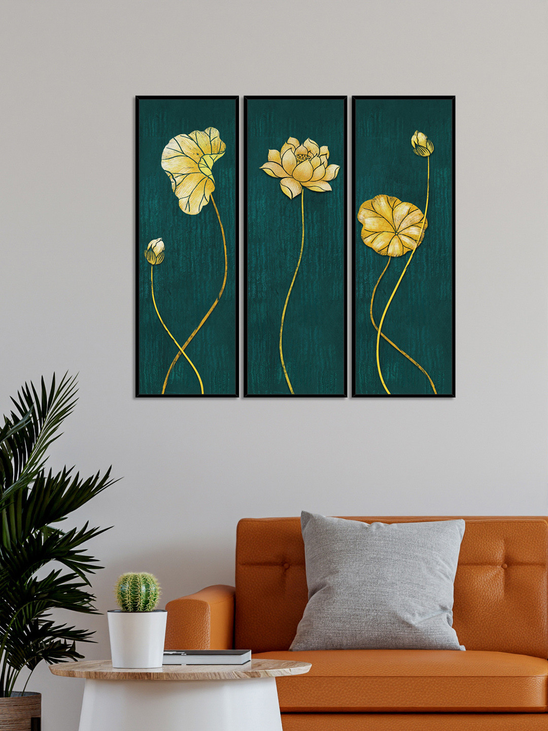 999Store Set Of 3 Green & Yellow Golden Lotus Wall Art