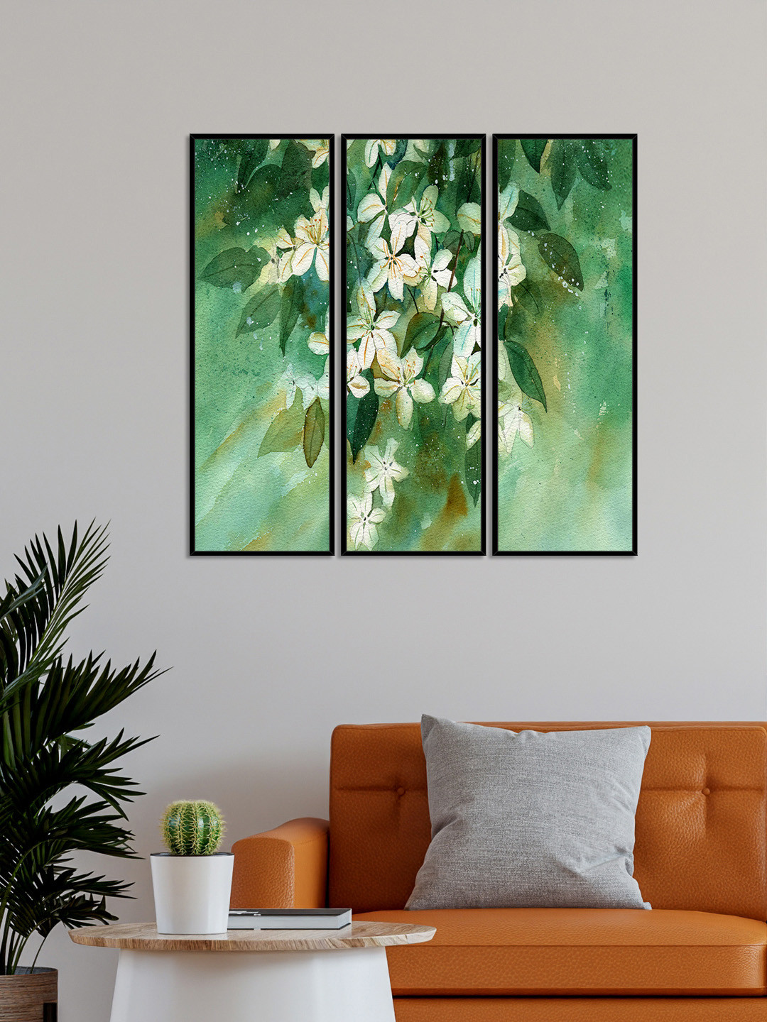 999Store Set of 3 White & Green Flower With Leaves Printed Framed Wall Art
