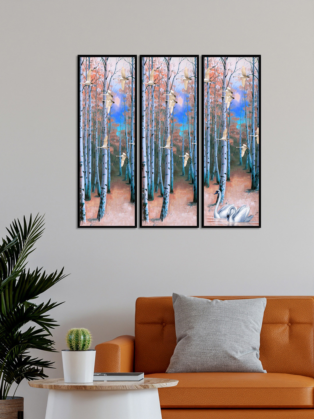 999Store Set of 3 Blue & Brown Paper Birch Tree Canvas Wall Art