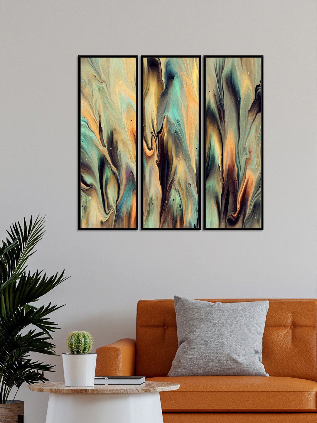 999Store  Set of 3 Brown & Green Abstract With Marble Painting Wall Art