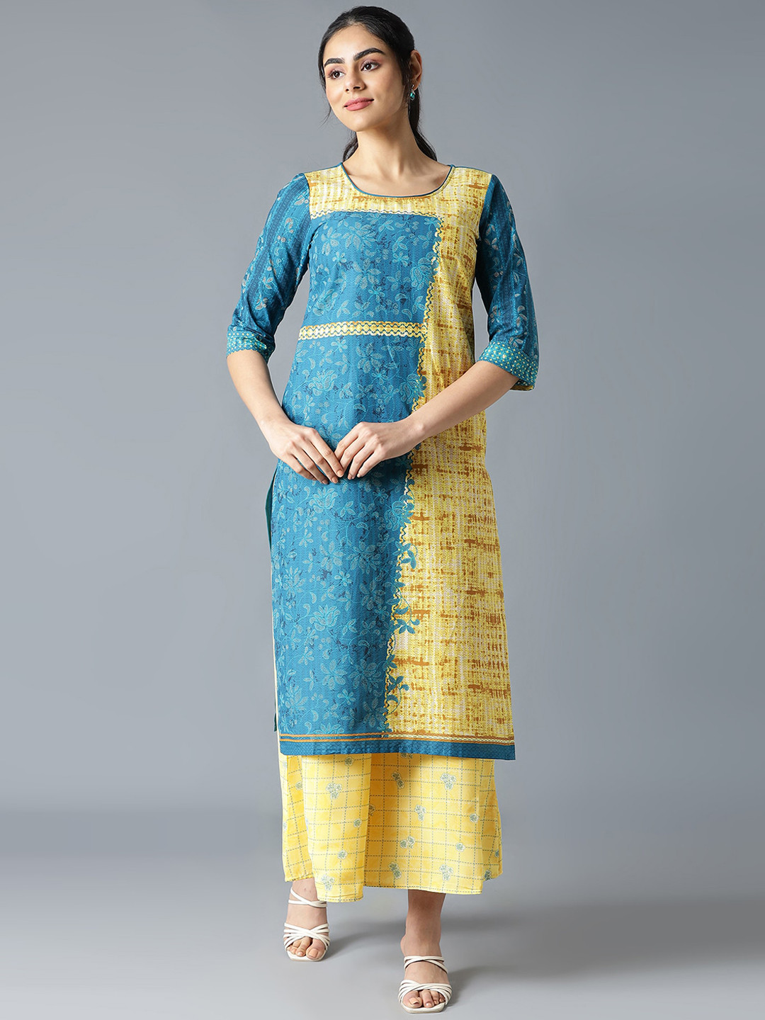 AURELIA Women Blue & Yellow Floral Printed Pure Cotton Kurta