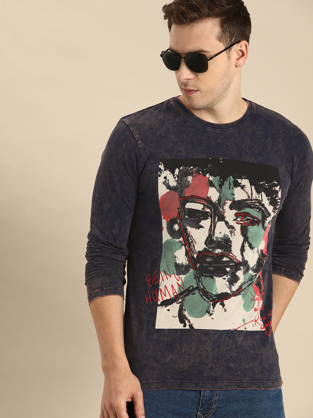 Being Human Men Navy Blue & Beige Graphic Printed Pure Cotton T-shirt