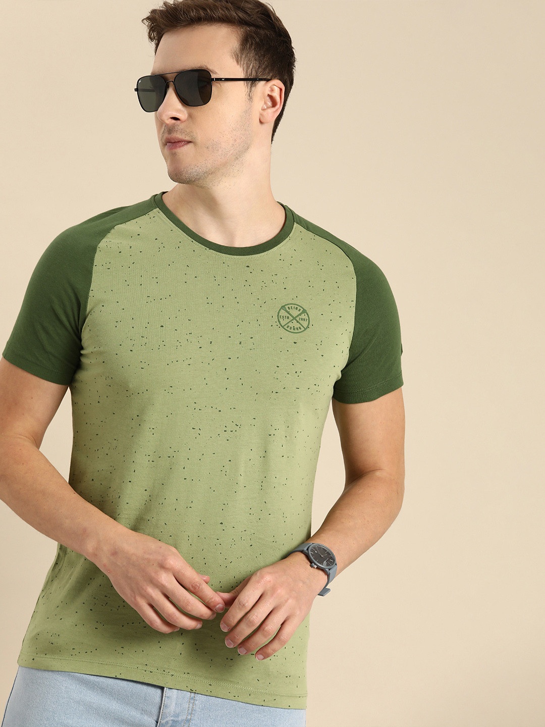 Being Human Men Sage Green And Dark Green Colourblocked Pure Cotton T-shirt