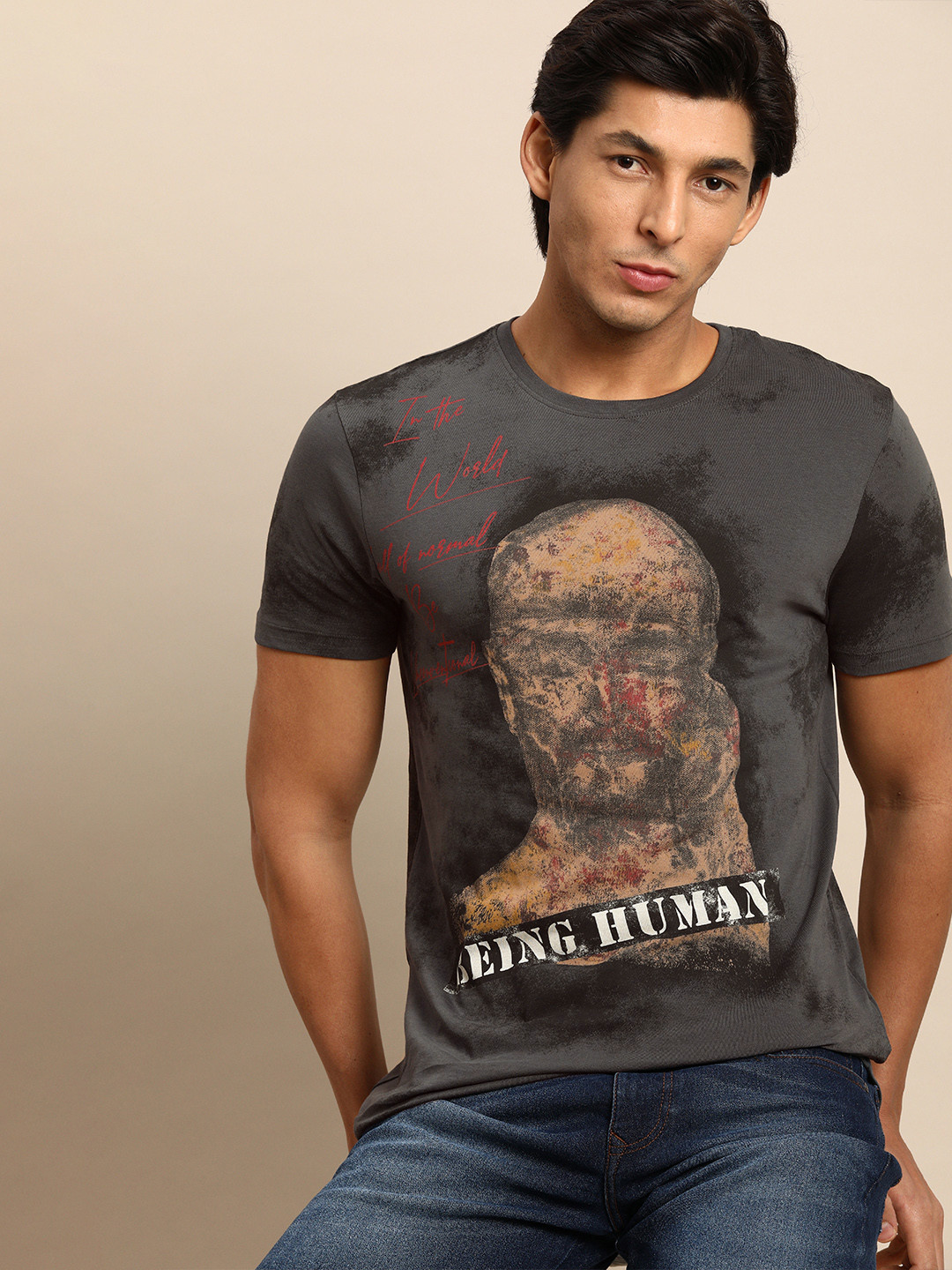 Being Human Men Charcoal Grey Graphic Printed Pure Cotton T-shirt