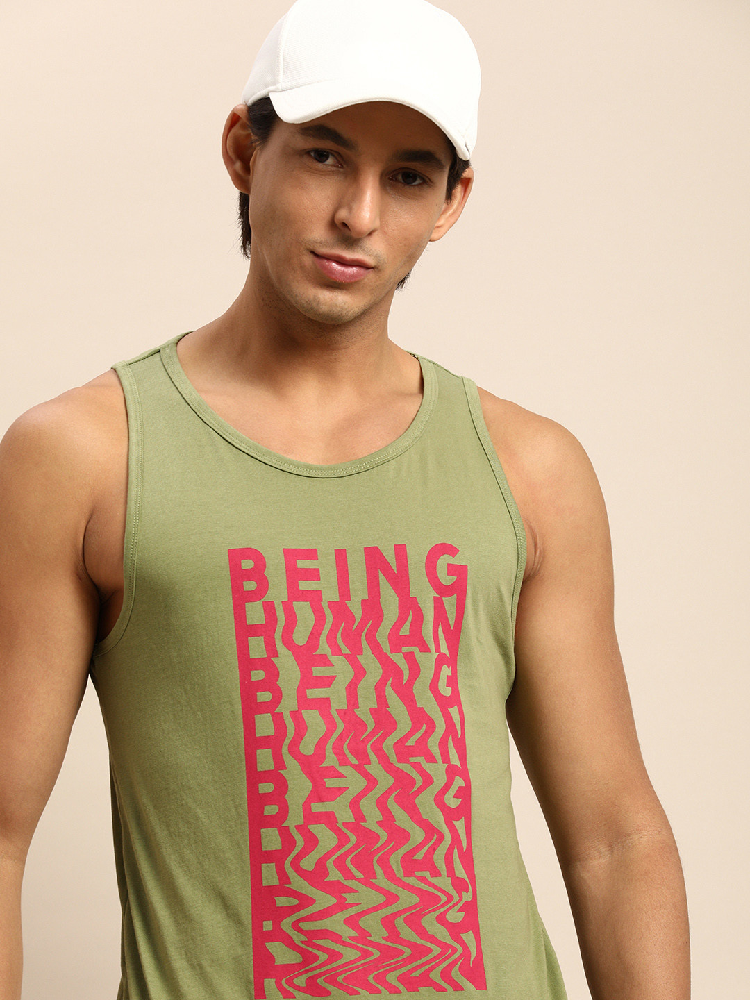 Being Human Men Lime Green & Fuchsia Brand Logo Printed Sleeveless Pure Cotton T-shirt