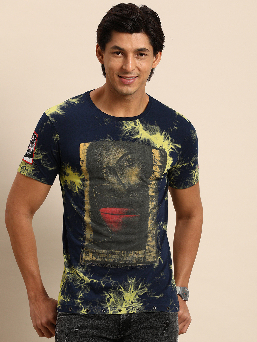 Being Human Men Navy Blue & Yellow Graphic Printed Pure Cotton T-shirt