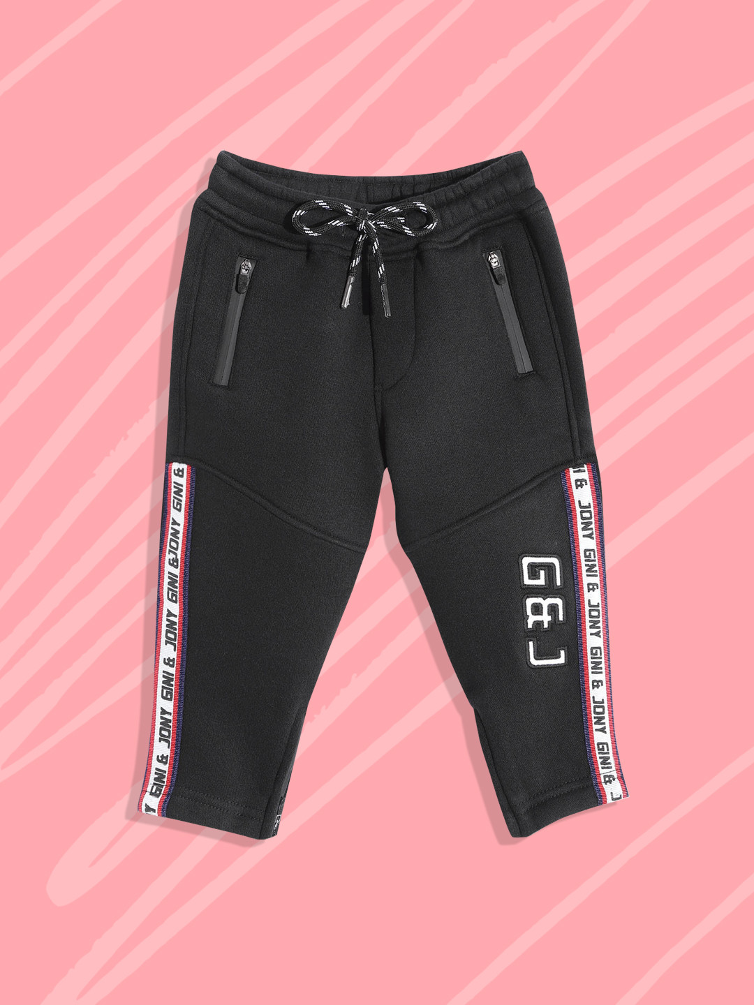 Gini and Jony Boys Black Solid Track Pants with Applique Detail