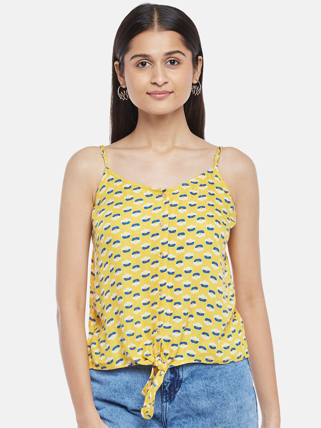 People Yellow & Blue Print Strappy Top