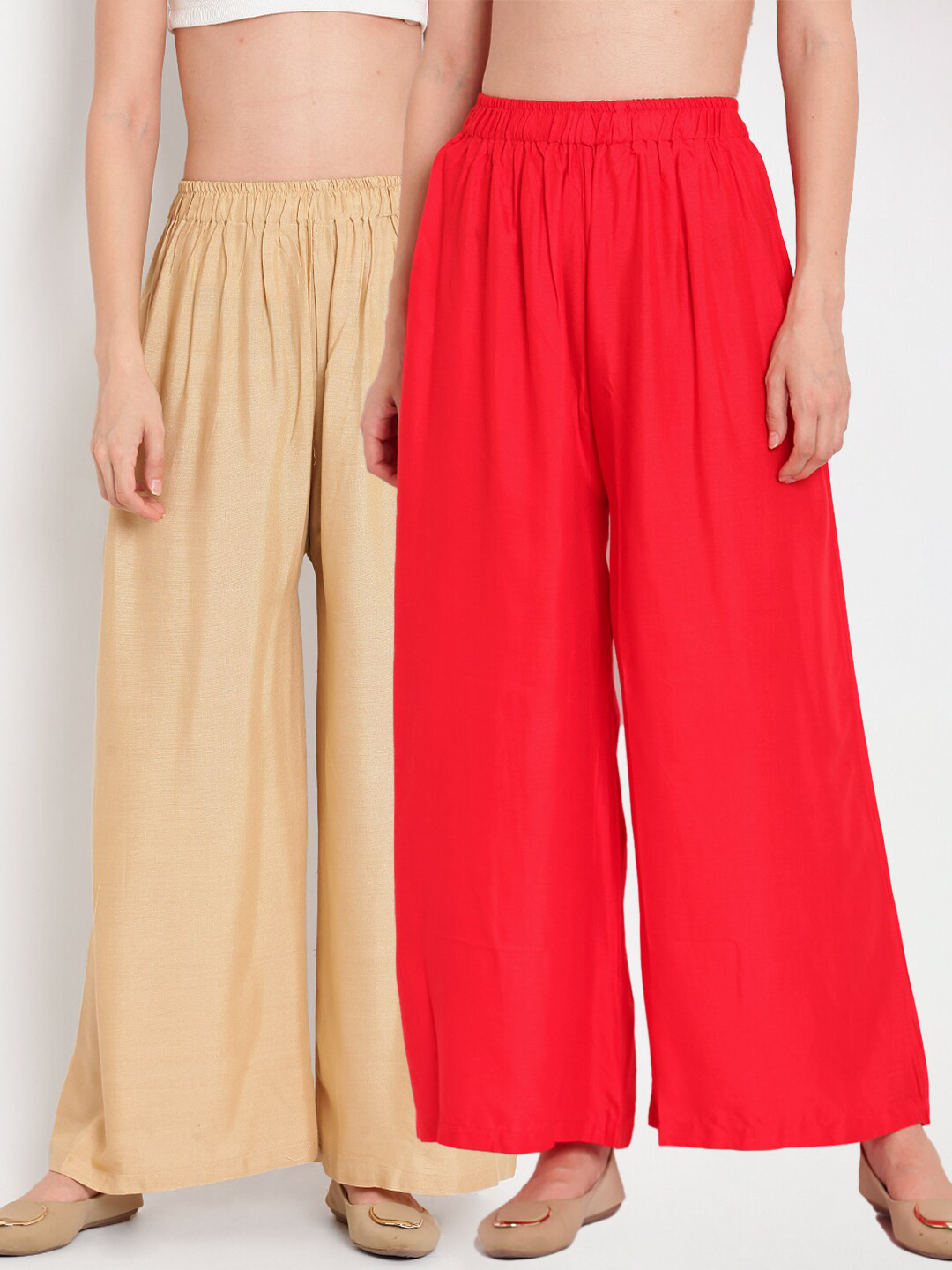 TAG 7 Women Red & Nude-Coloured Set of 2 Flared Ethnic Palazzos
