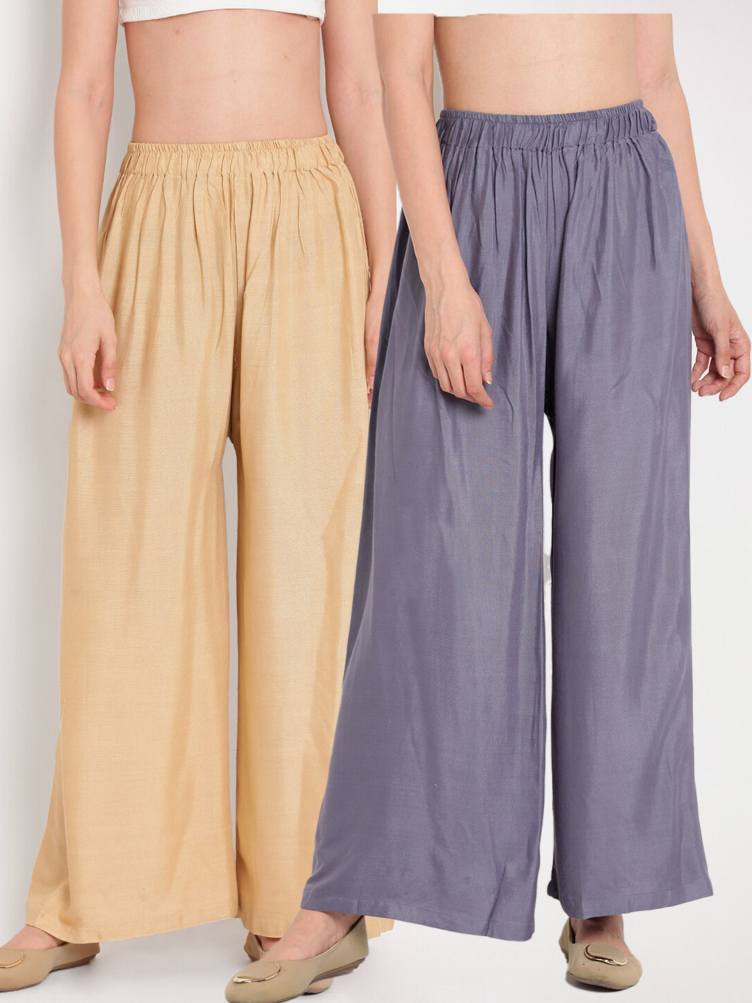 TAG 7 Women Grey & Beige Set of 2 Flared Ethnic Palazzos