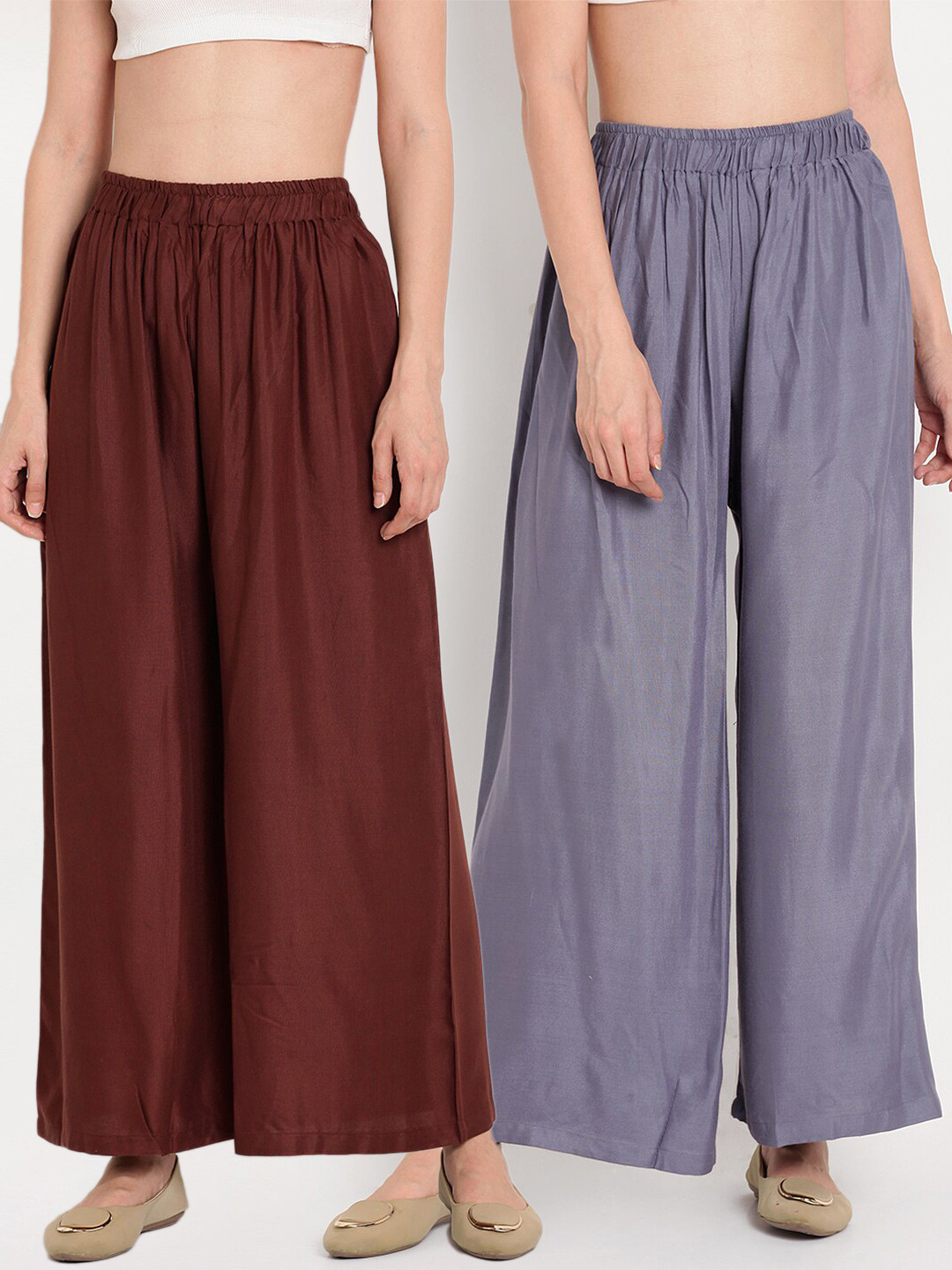 TAG 7 Women Grey & Brown Set of 2 Flared Ethnic Palazzos