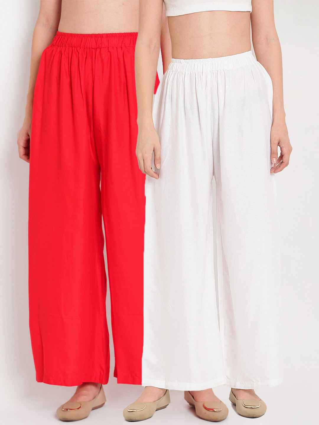 TAG 7 Women White & Red Set of 2 Flared Ethnic Palazzos