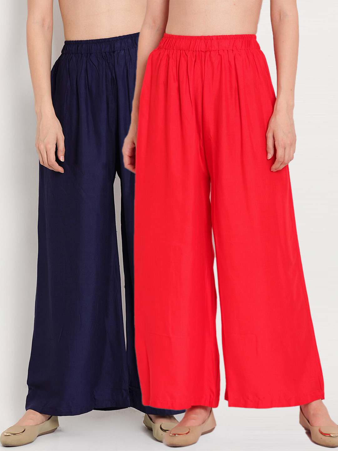 TAG 7 Women Red & Navy Blue Set of 2 Flared Ethnic Palazzos
