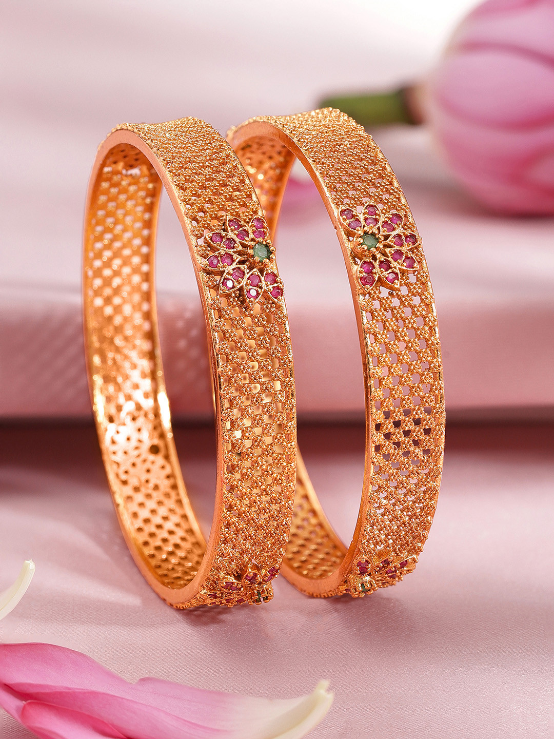 Rubans Set of 2 22K Gold Plated Ruby Pink & Emerald Green Stone Studded Bangles