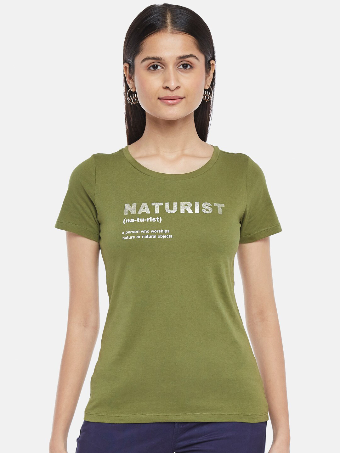 Honey by Pantaloons Women Olive Green Typography Printed Extended Sleeves T-shirt