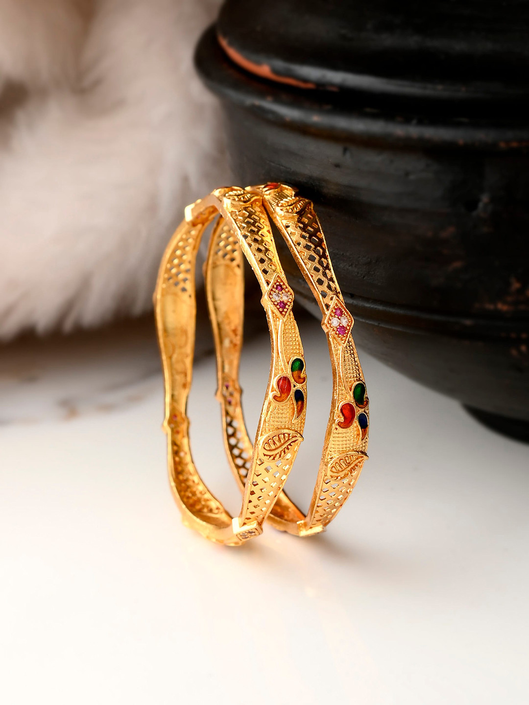 Silvermerc Designs Set Of 2 Gold-Plated Stone-Studded Bangles