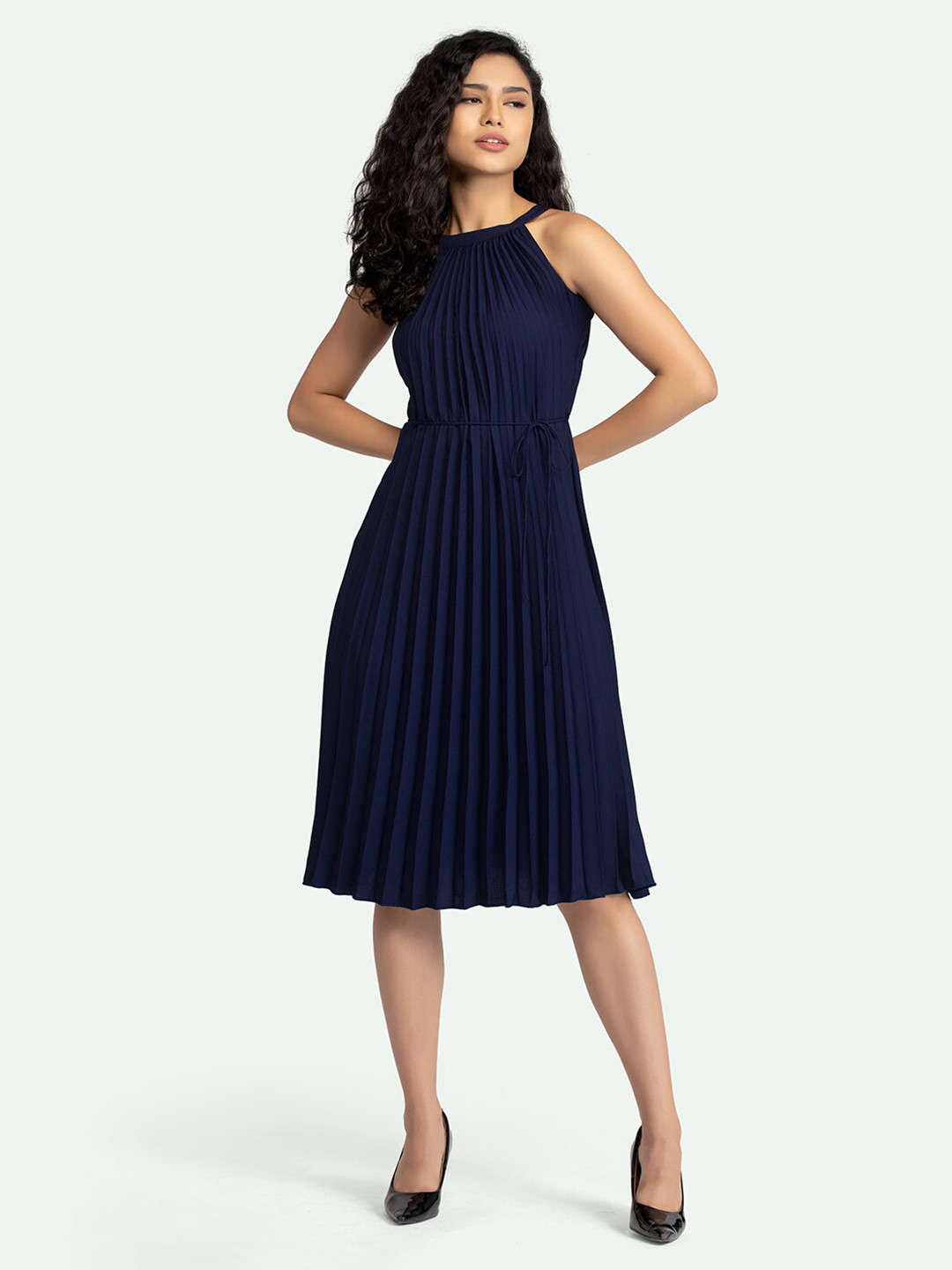 AASK Navy Blue Halter Neck Crepe A-Line Dress