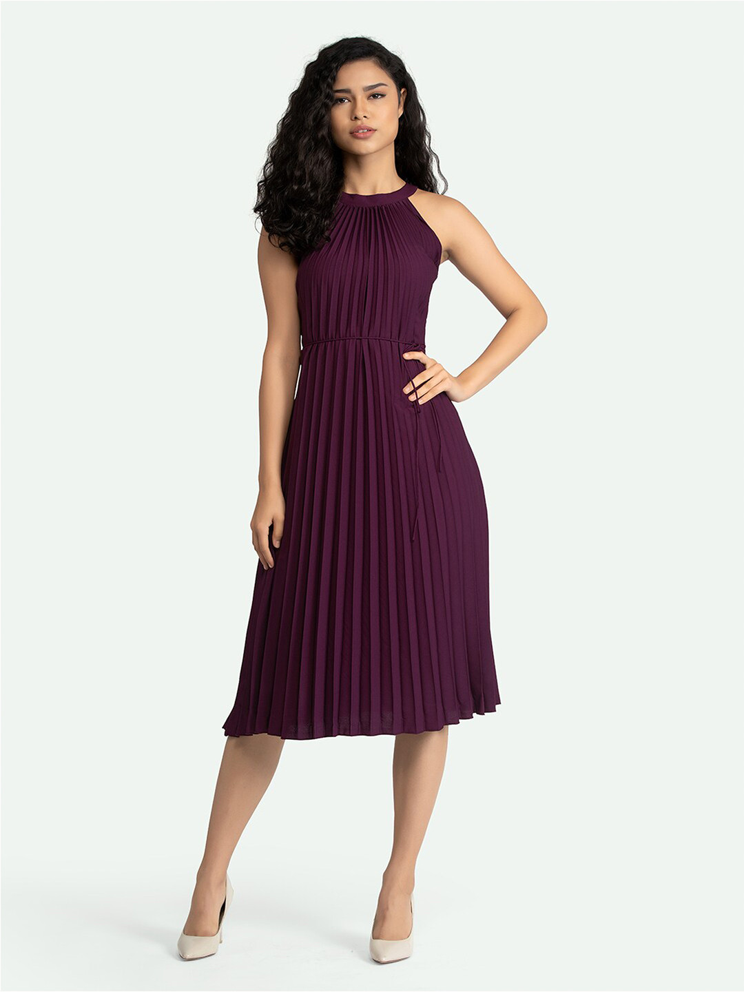 AASK Purple Crepe Pleated A-Line Midi Dress