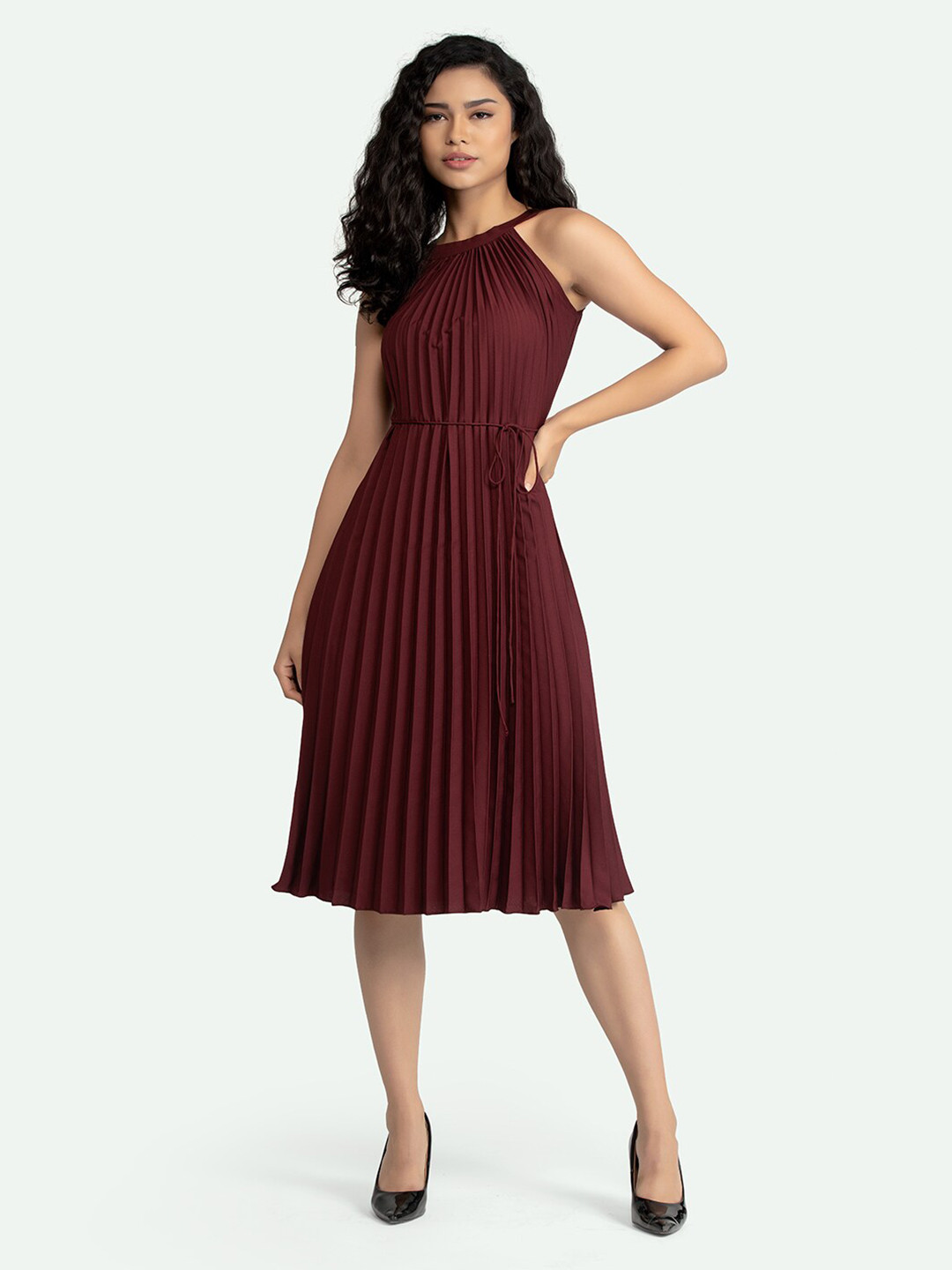 AASK Maroon Crepe Accordion Pleated Dress