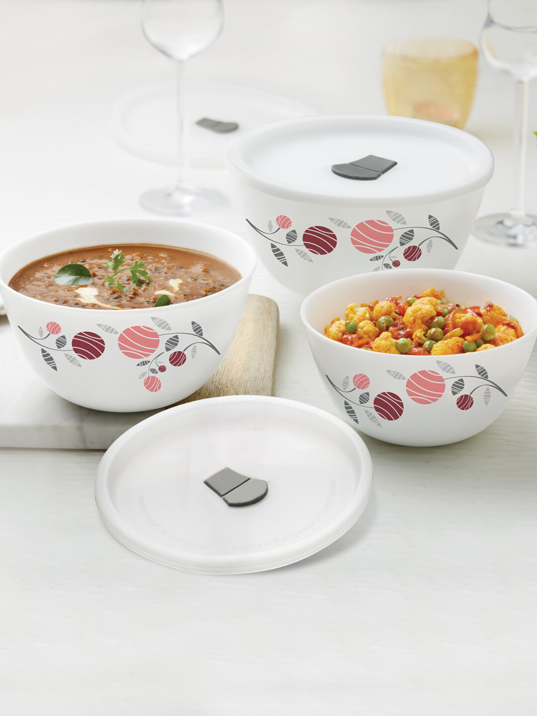 Larah by BOROSIL Dahlia White & Pink 3 Pieces Floral Printed Opalware Glossy Bowls