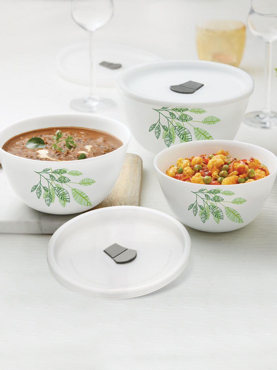 Larah by BOROSIL Fauna White & Green 3 Pieces Floral Printed Opalware Glossy Bowls