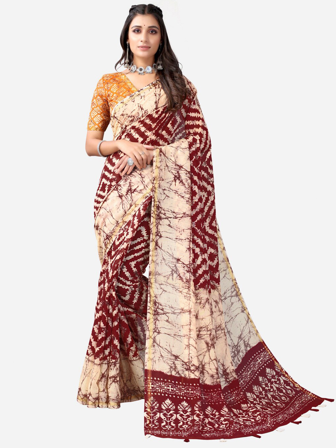 KALINI Cream-Coloured & Maroon Ethnic Motifs Zari Saree