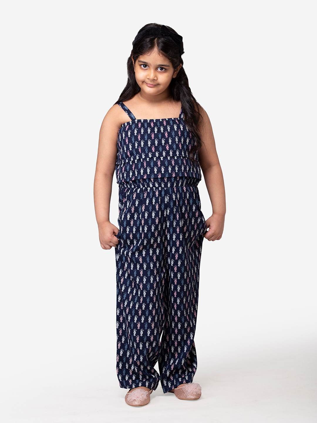 Hoop Hippo Girls Navy Blue & White Printed Basic Jumpsuit