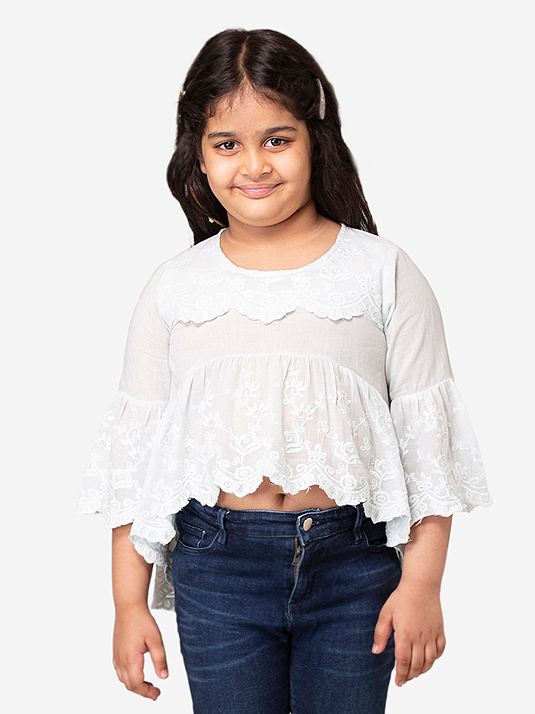 Hoop Hippo Girl Blue Tiered Scifflli Long Sleeve Crop Top