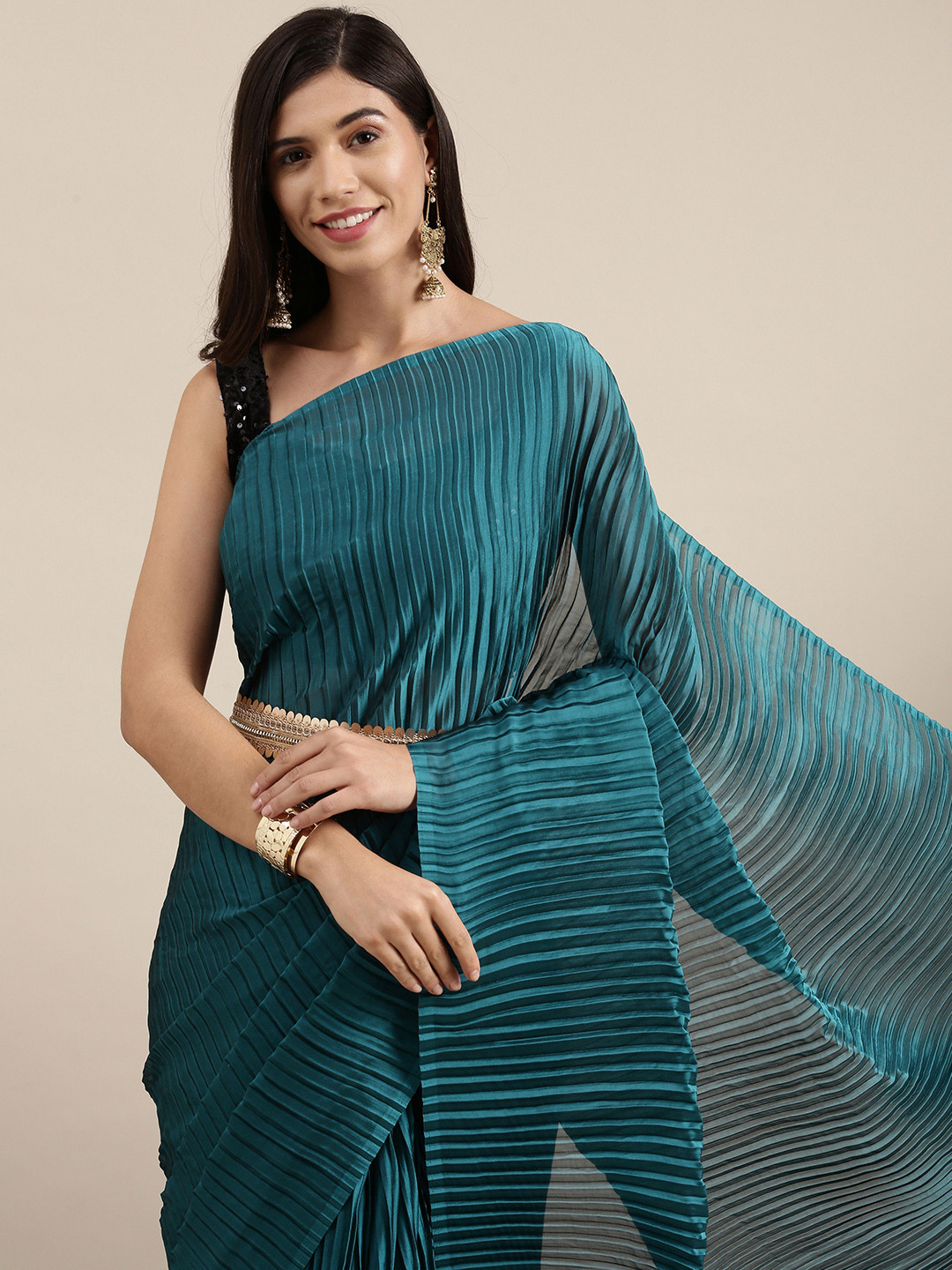 Saree mall Teal Blue Solid Accordion Pleated Sarees