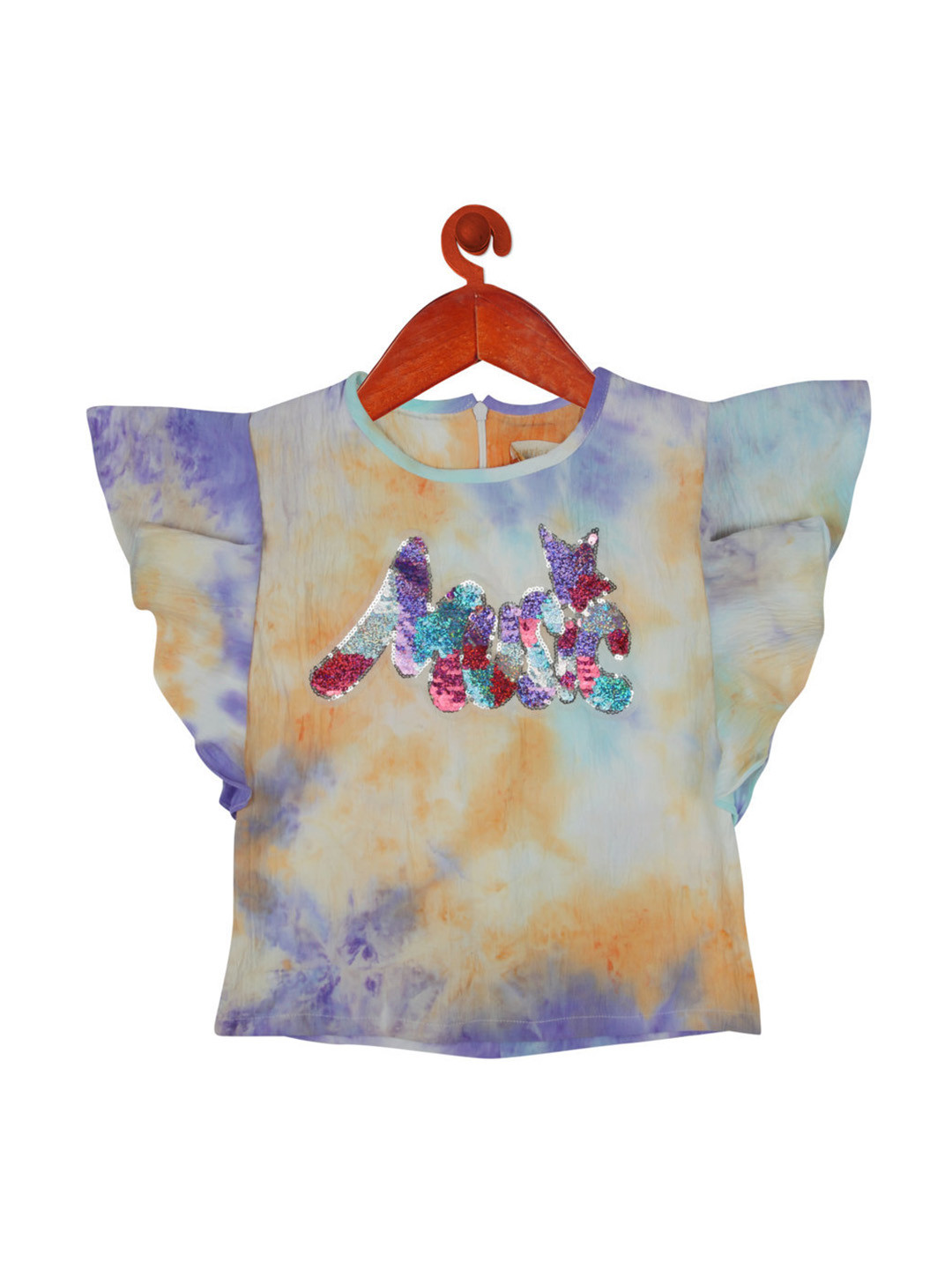 Tiny Girl Purple & Yellow Tie & Dye Print Flutter Sleeves Sequined Top