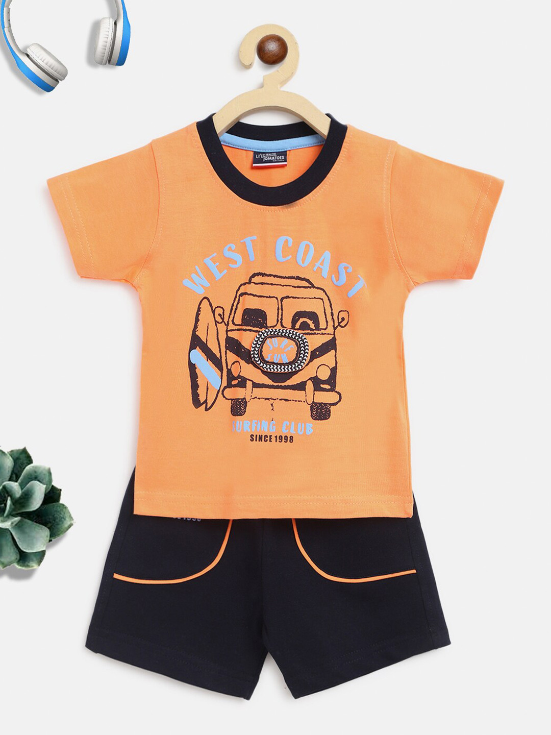 Lil Tomatoes Kids Orange & Black Printed Cotton T-shirt with Shorts