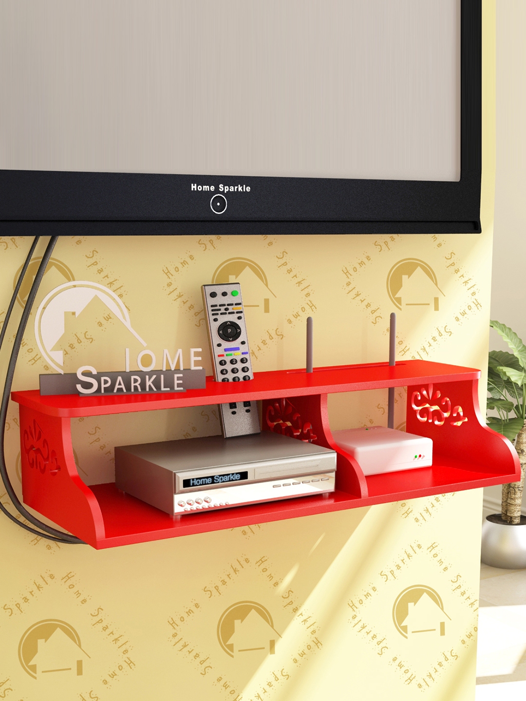 Home Sparkle Red Carved Wooden Wall Shelf