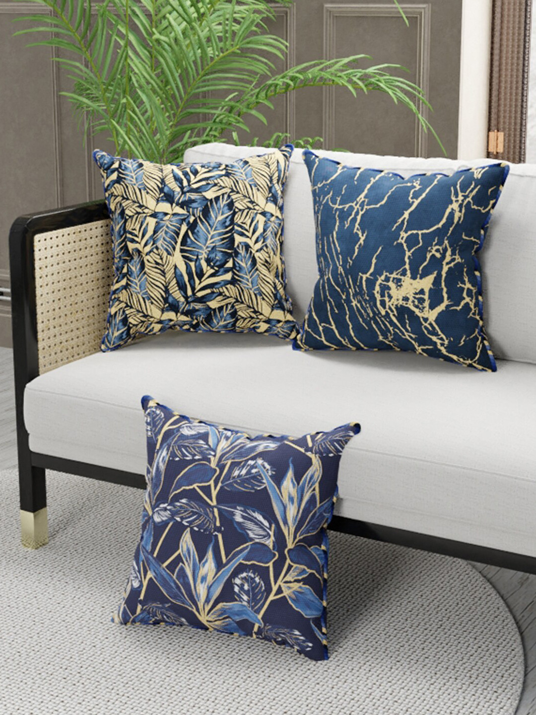 BIANCA Navy Blue Set of 3 Floral Faux Silk-Linen Square Cushion Covers