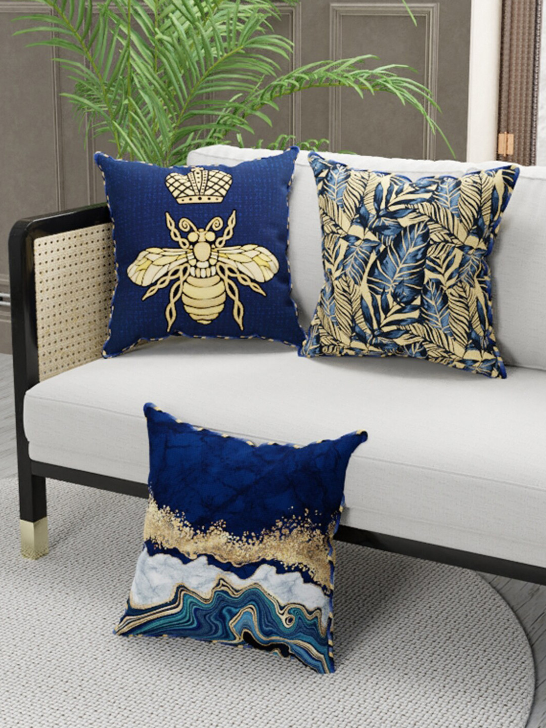BIANCA Navy Blue Conversational Silk Anti-Wrinkle 3 Square Cushion Covers -16x16In