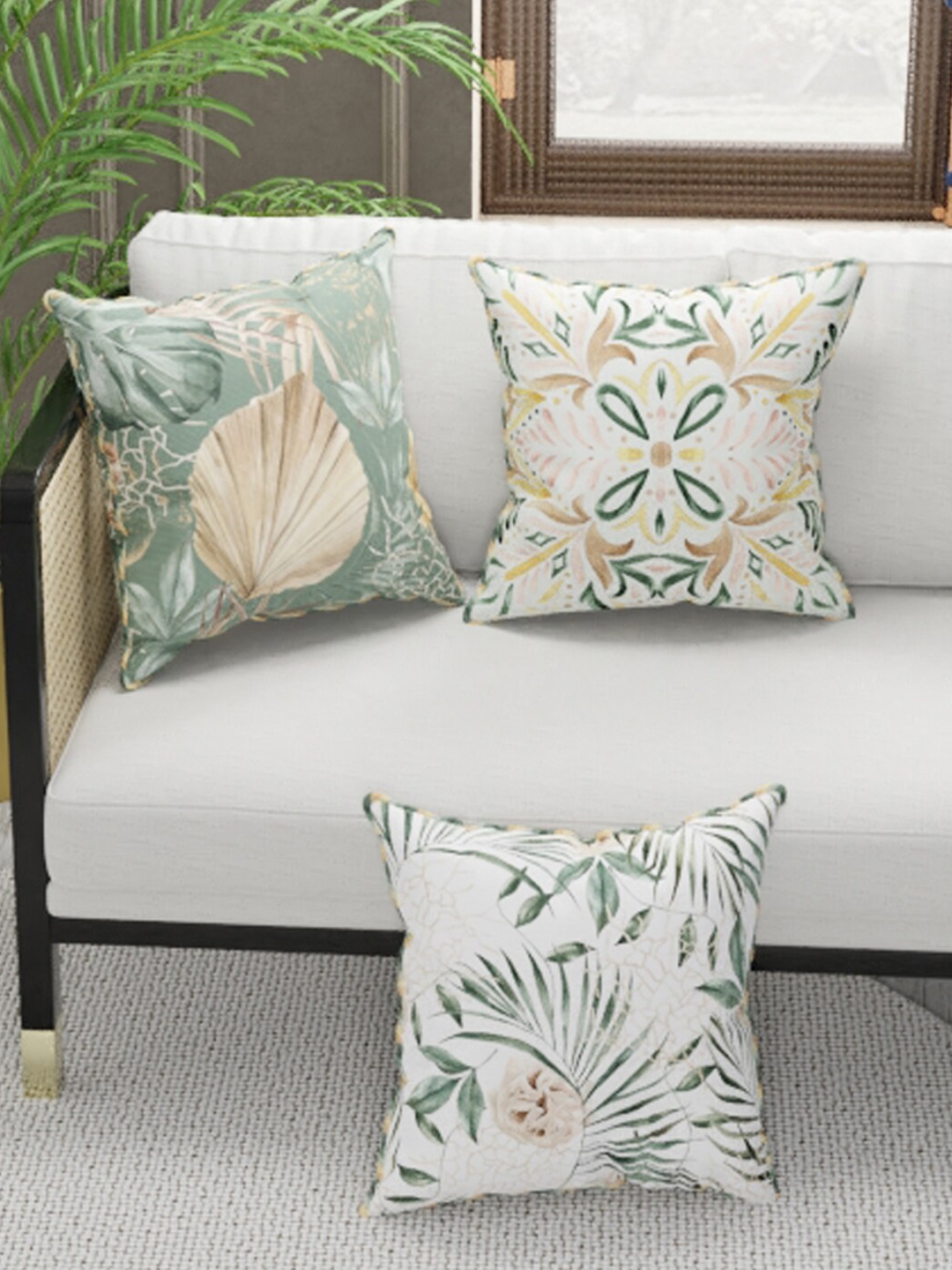 BIANCA Green & Beige Set of 3 Floral Square Cushion Covers