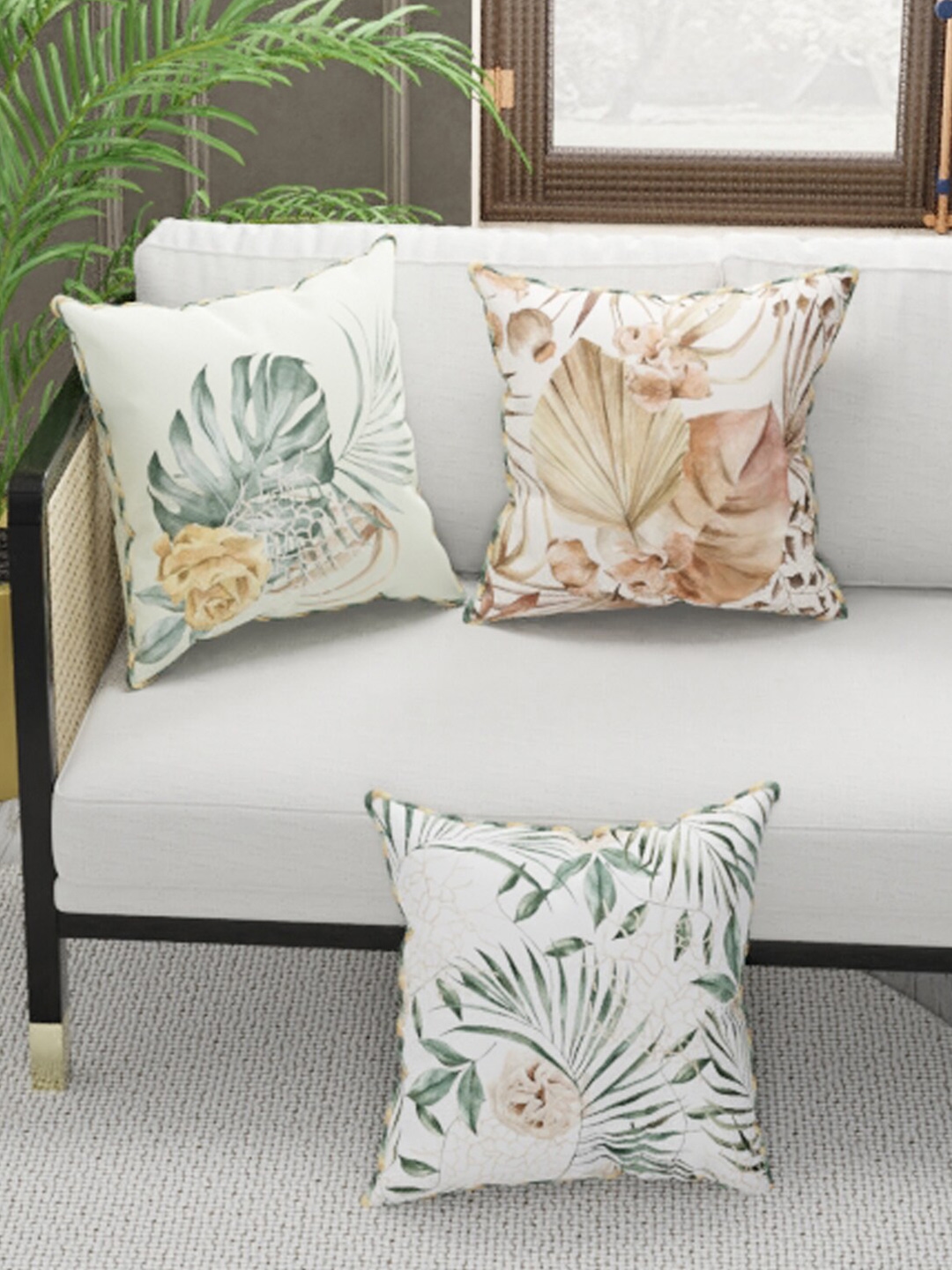 BIANCA Green & Beige Set of 3 Floral Square Cushion Covers