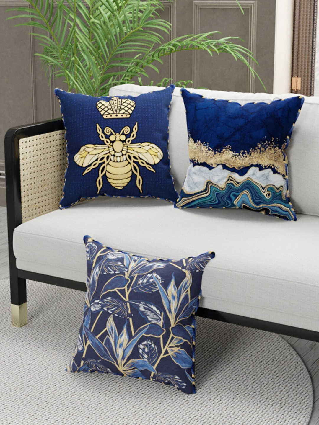 BIANCA Navy Blue Leaf Polyester Breathable 3 Piece Square Cushion Covers - 15.7x15.7In