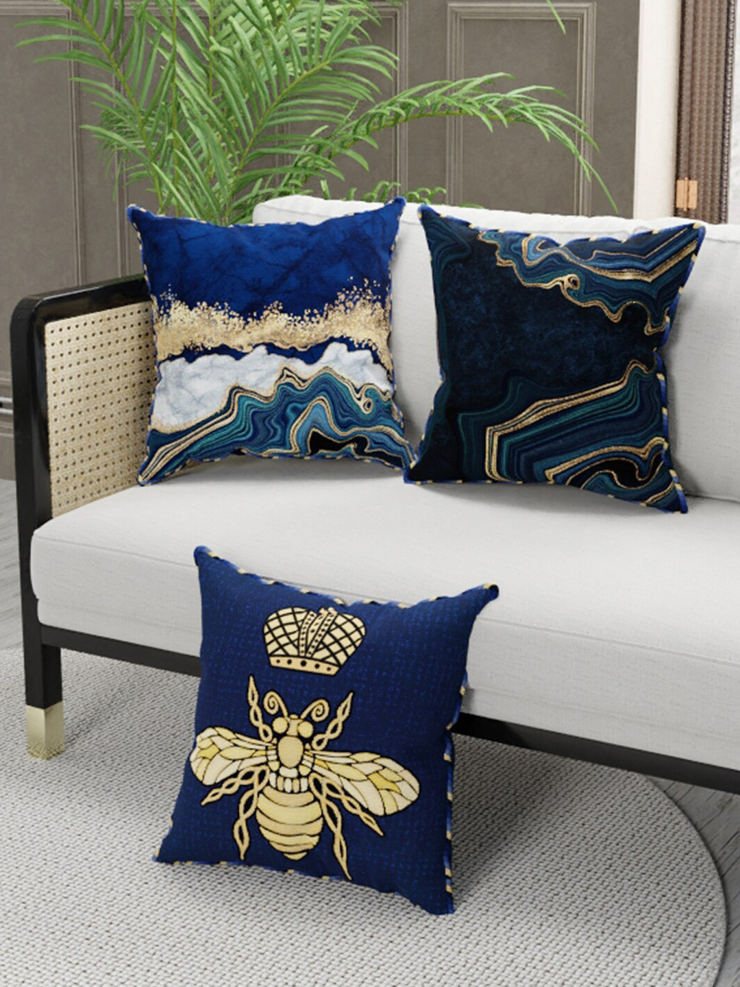 BIANCA Navy Blue Abstract Silk Washable 3 Piece Square Cushion Covers -16x16In