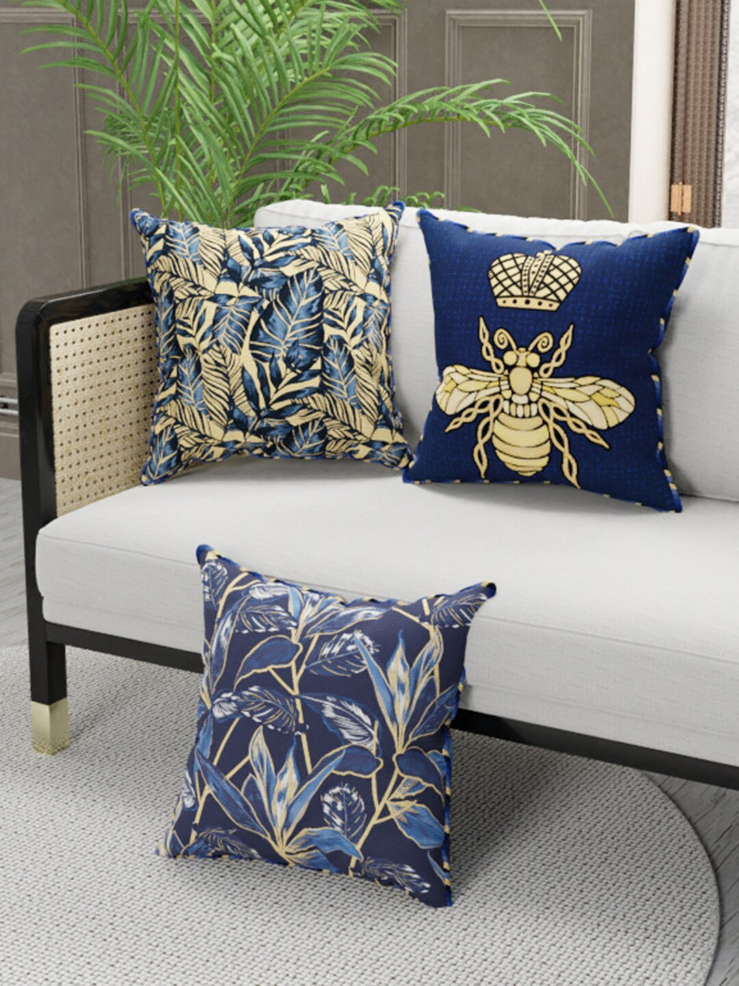 BIANCA Navy Blue & Golden Set of 3 Floral Square Cushion Covers