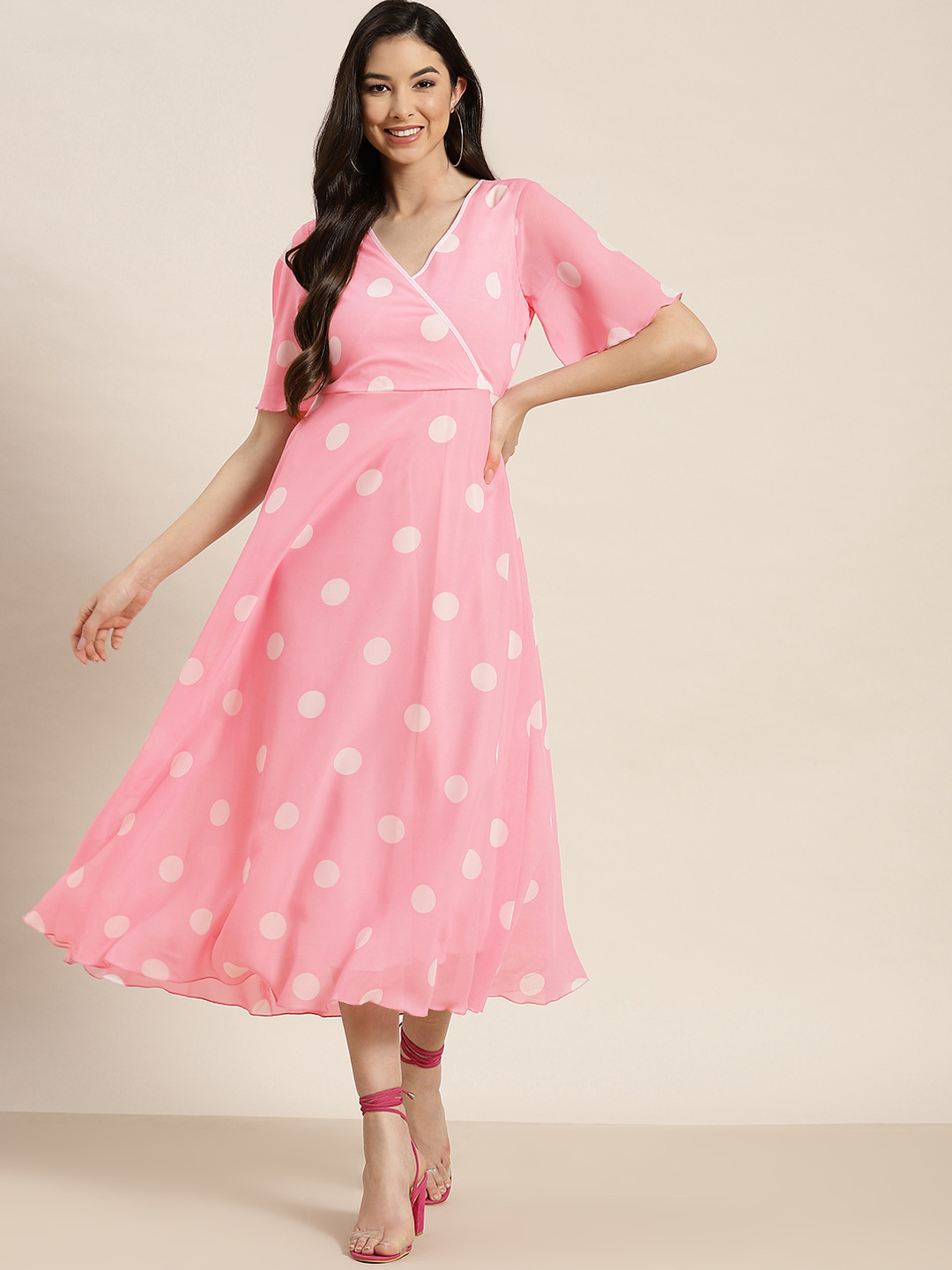 Qurvii Pink Georgette Midi Dress