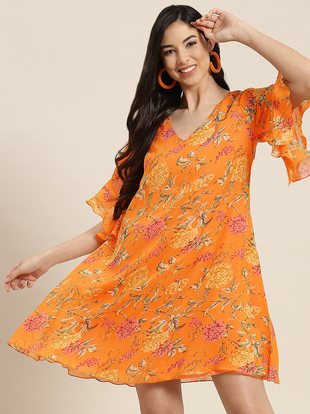 Qurvii Orange Floral Georgette A-Line Dress