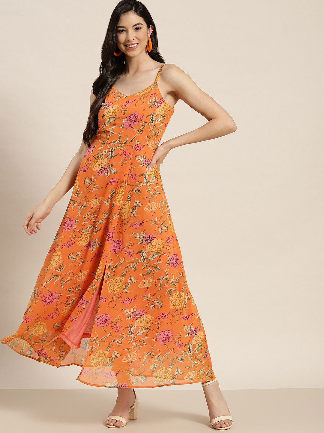 Qurvii Orange Floral Georgette A-Line Maxi Dress