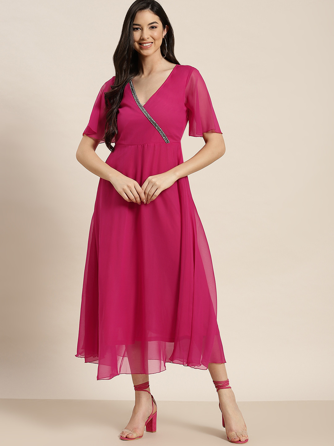 Qurvii Pink Georgette A-Line Midi Dress