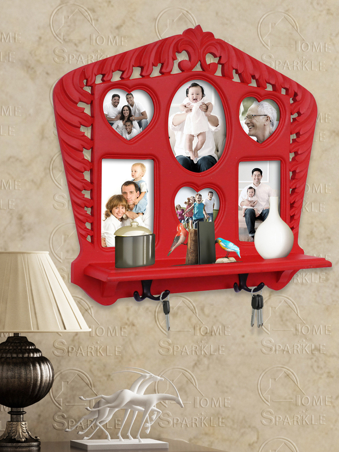 Home Sparkle Red Wall Shelf with Photoframes & Key Holders