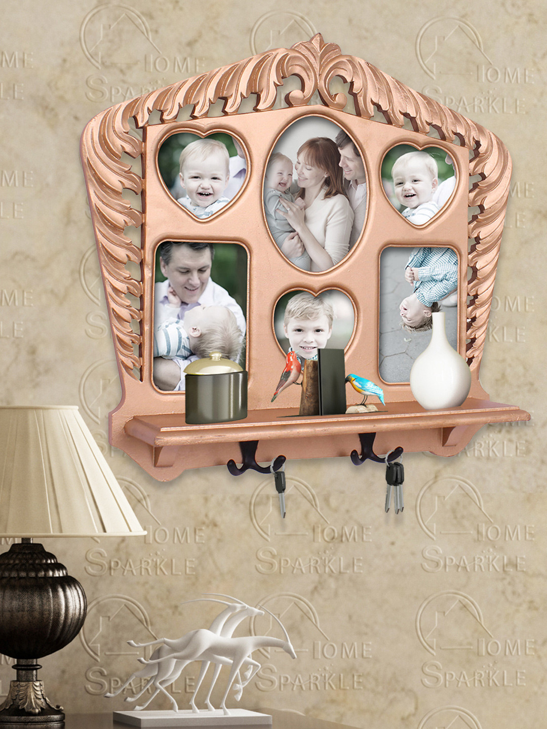 Home Sparkle Gold-Toned Wall Shelf with Photoframes & Key Holders
