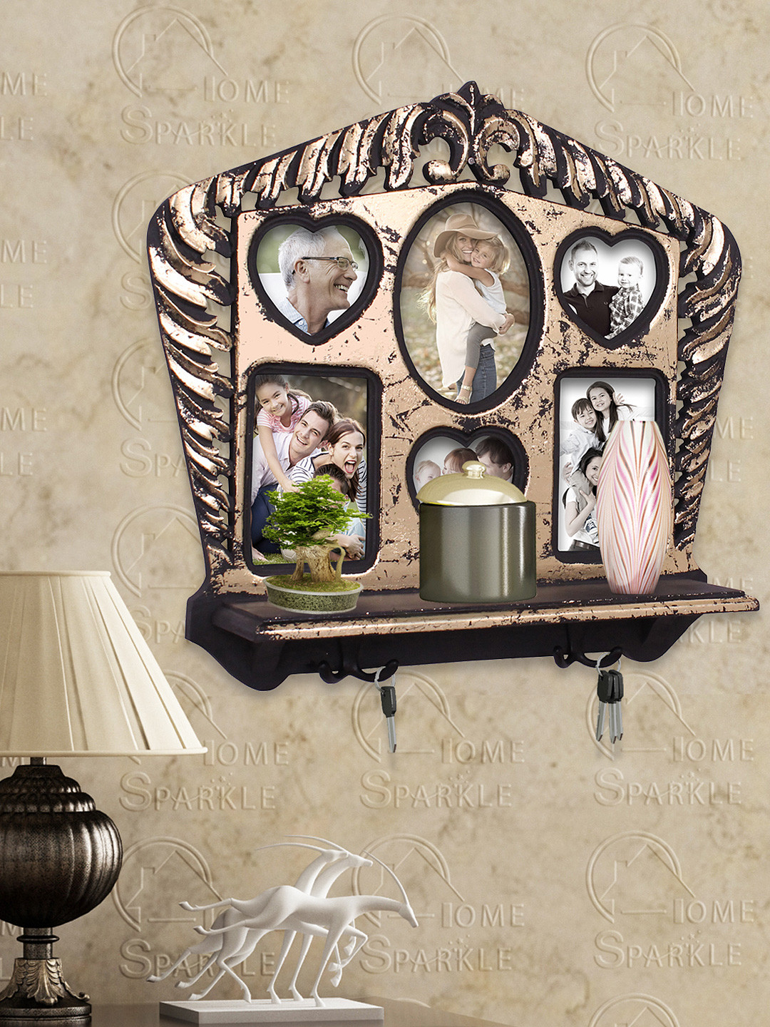 Home Sparkle Black & Gold-Toned Photo Frame Wall Shelf with Hooks