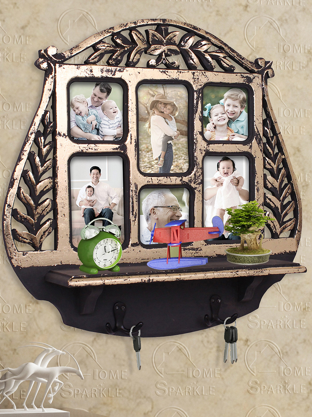 Home Sparkle Black & Gold-Toned Photo Frame Wall Shelf with Hooks