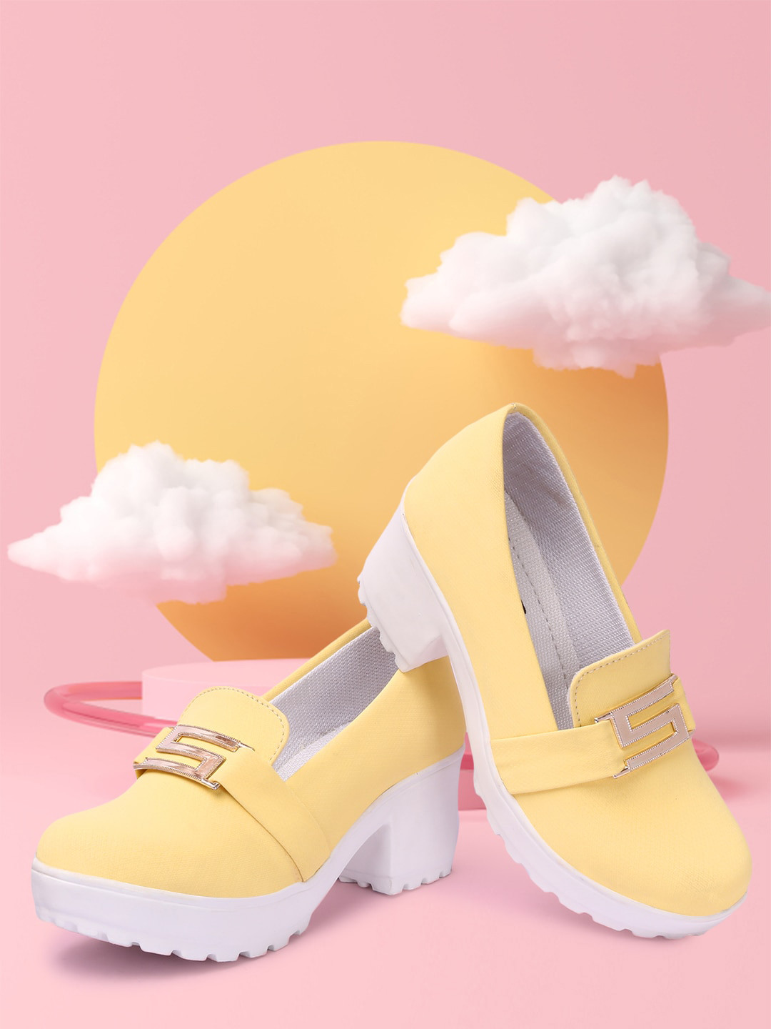 FASHIMO Women Yellow & White Block Pump Heels