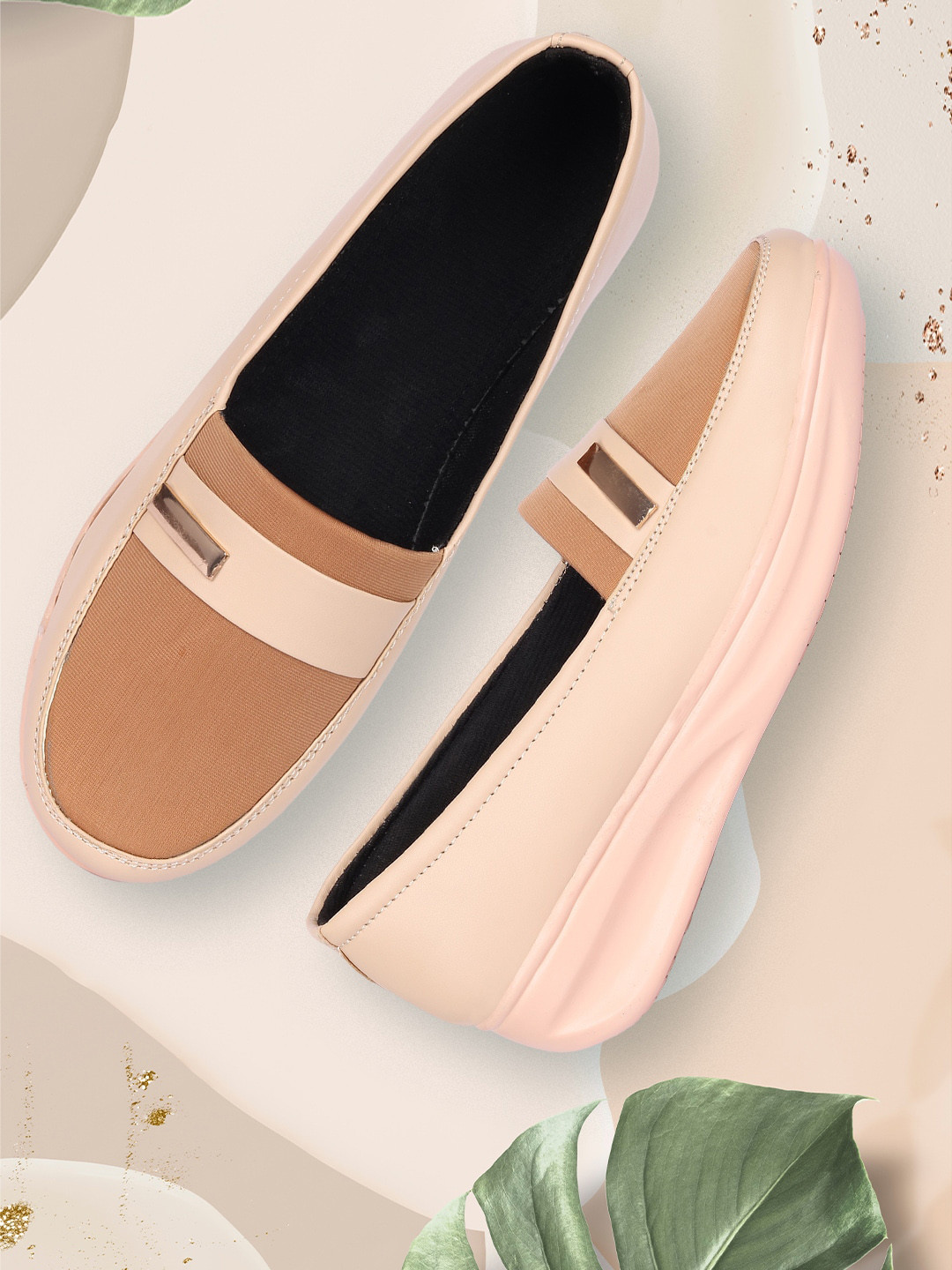 FASHIMO Women Cream-Coloured Striped Ballerinas Flats